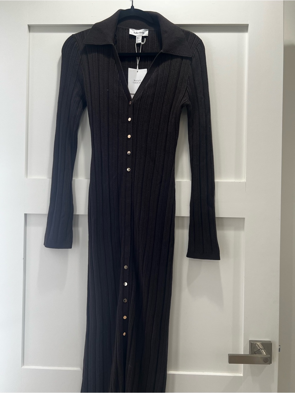 & Other Stories Wool Chocolate-Brown Ribbed Button-Down Maxi Dress - Picture 2 of 4